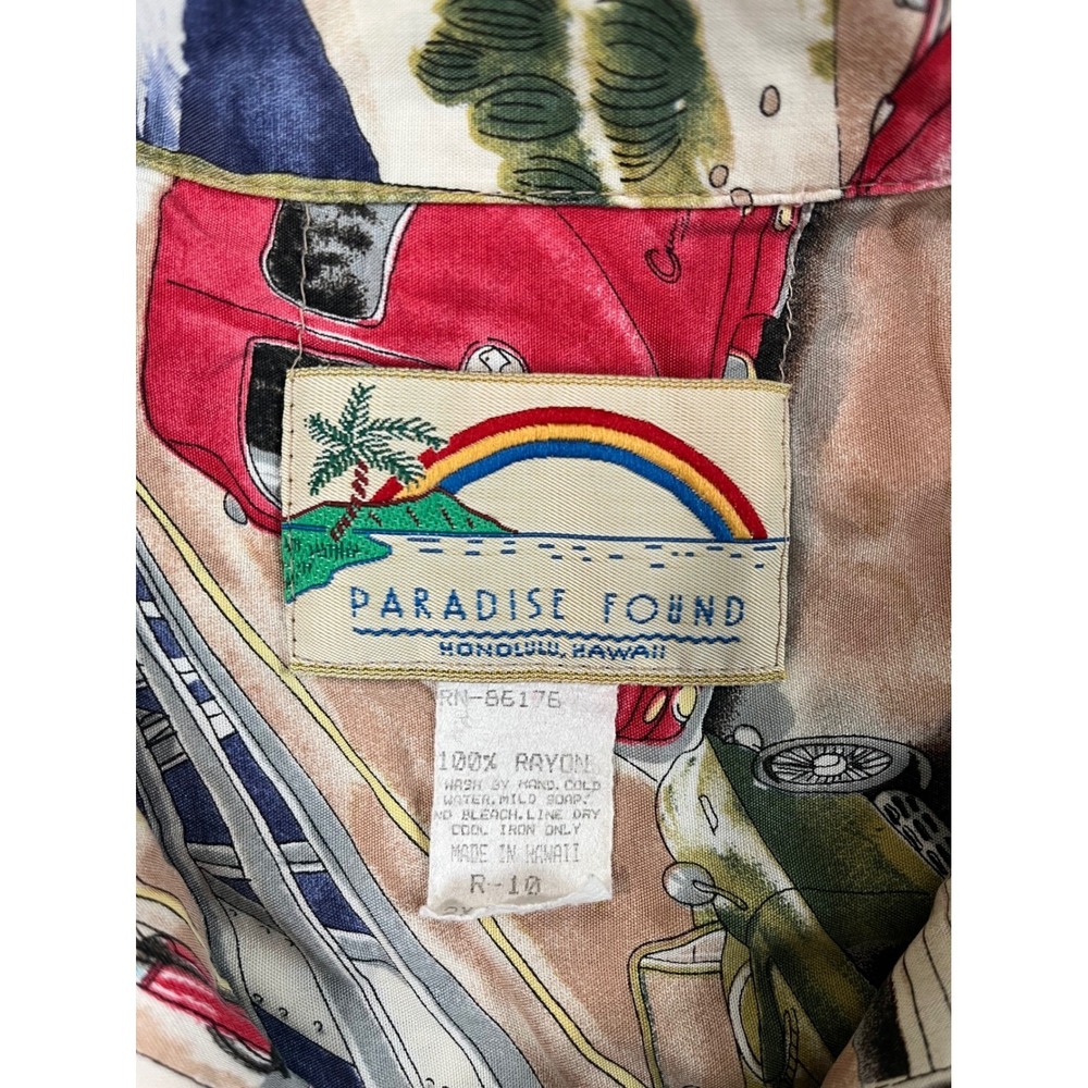 Vintage Paradise Found Button Up Shirt Mens XXL Americana Cars Rayon S/S EUC - Picture 2 of 5